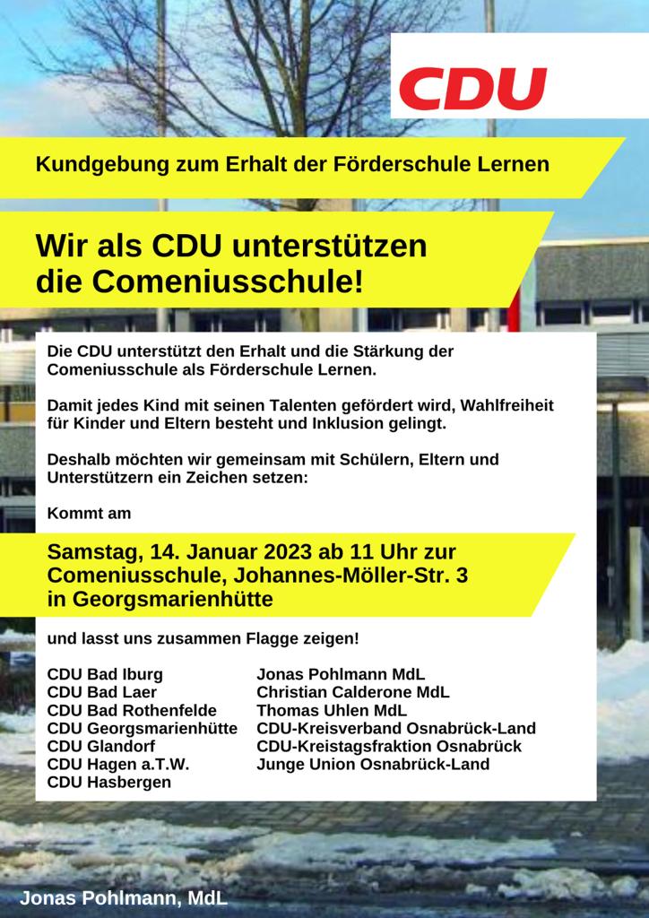 Die CDU GMHütte unterstützt die Comeniusschule – Demo am 14.01.2023